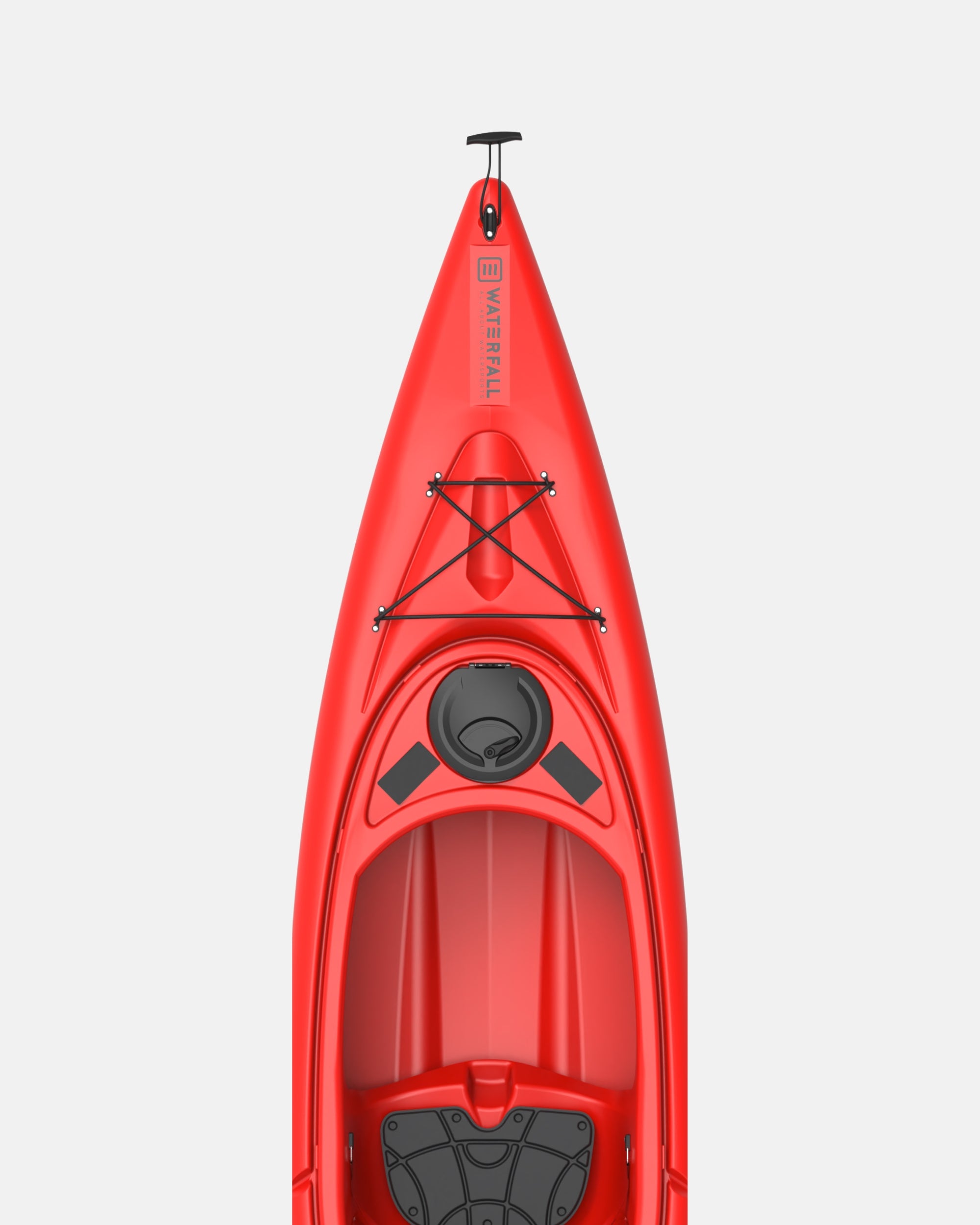 Red sit-in kayak bow with cockpit hatch and black foot pedal controls