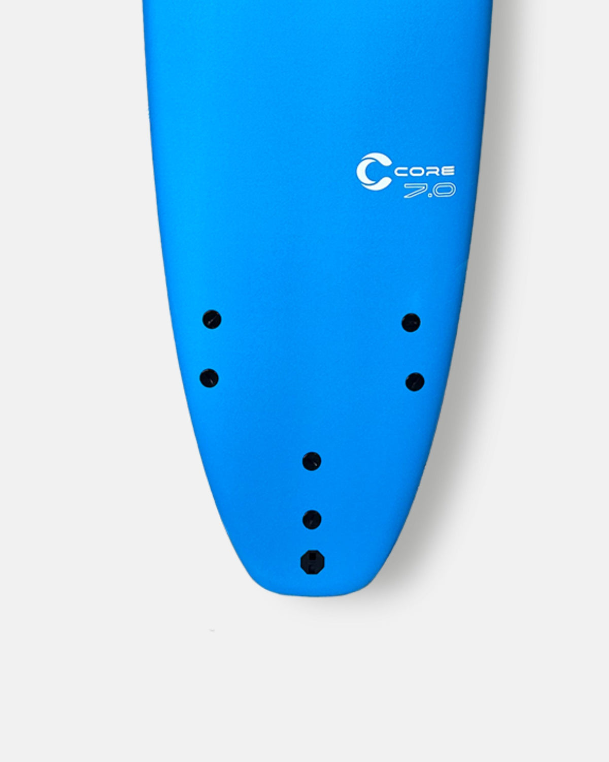 Blue 7-inch surfboard nose with core logo and four leash plug holes