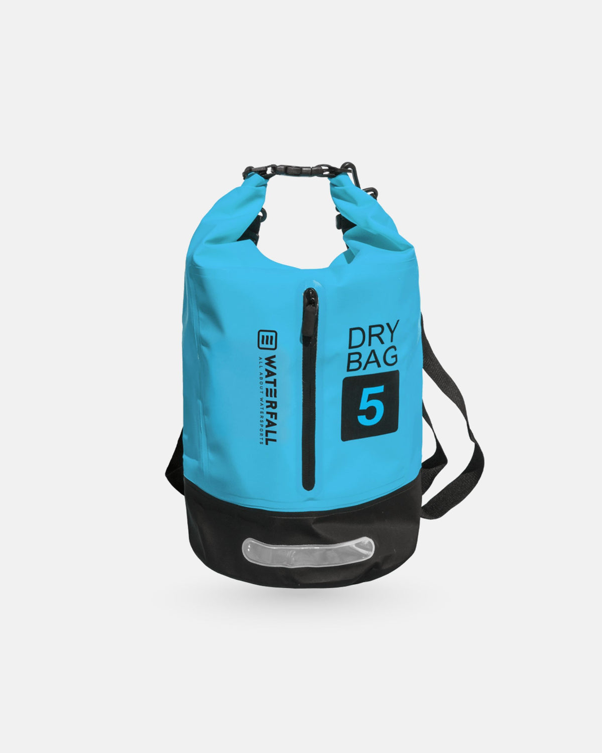 5L dry bag with roll-top, blue and black, carry handles and shoulder strap