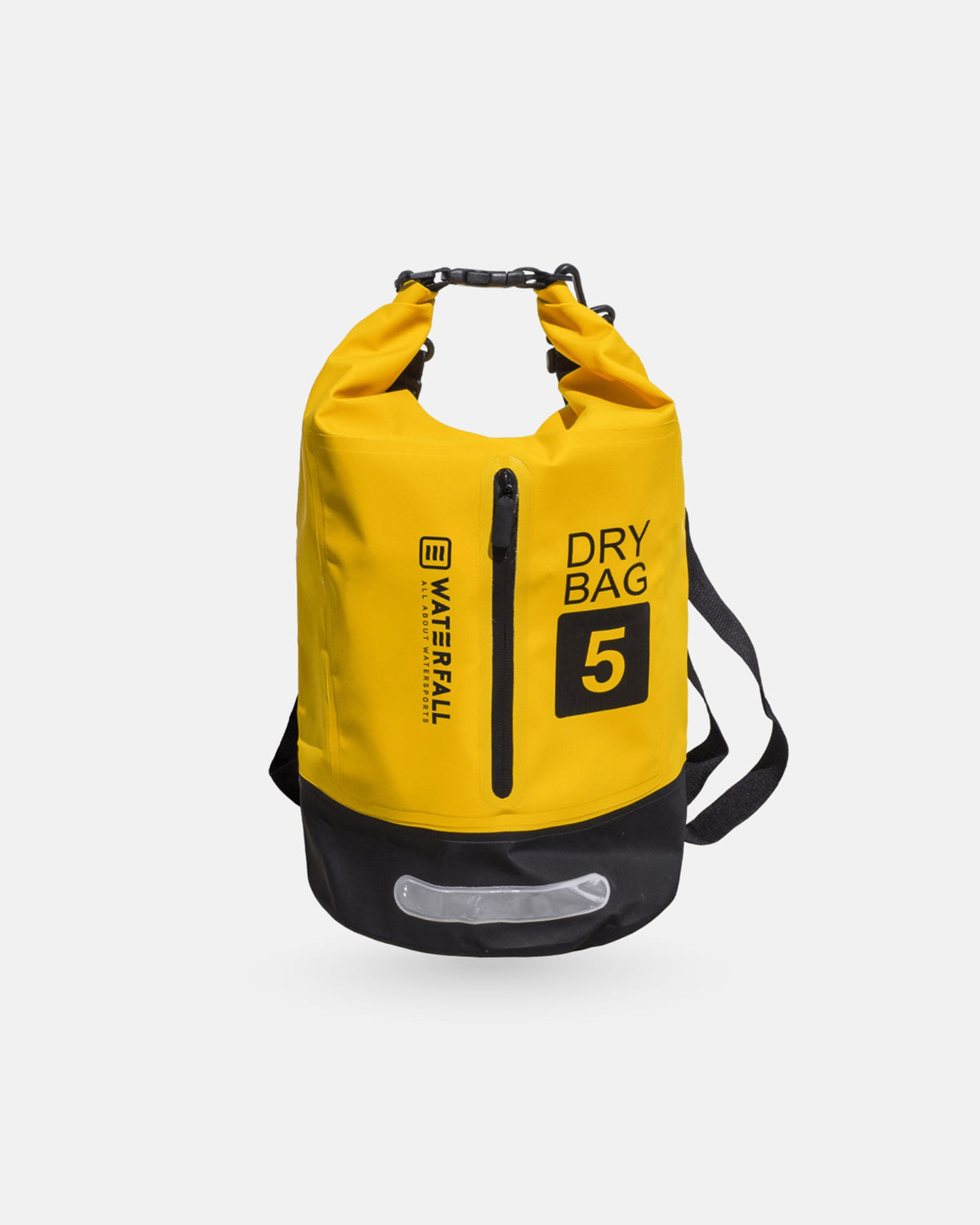 5L dry bag with roll-top, yellow and black, carry handles and shoulder strap