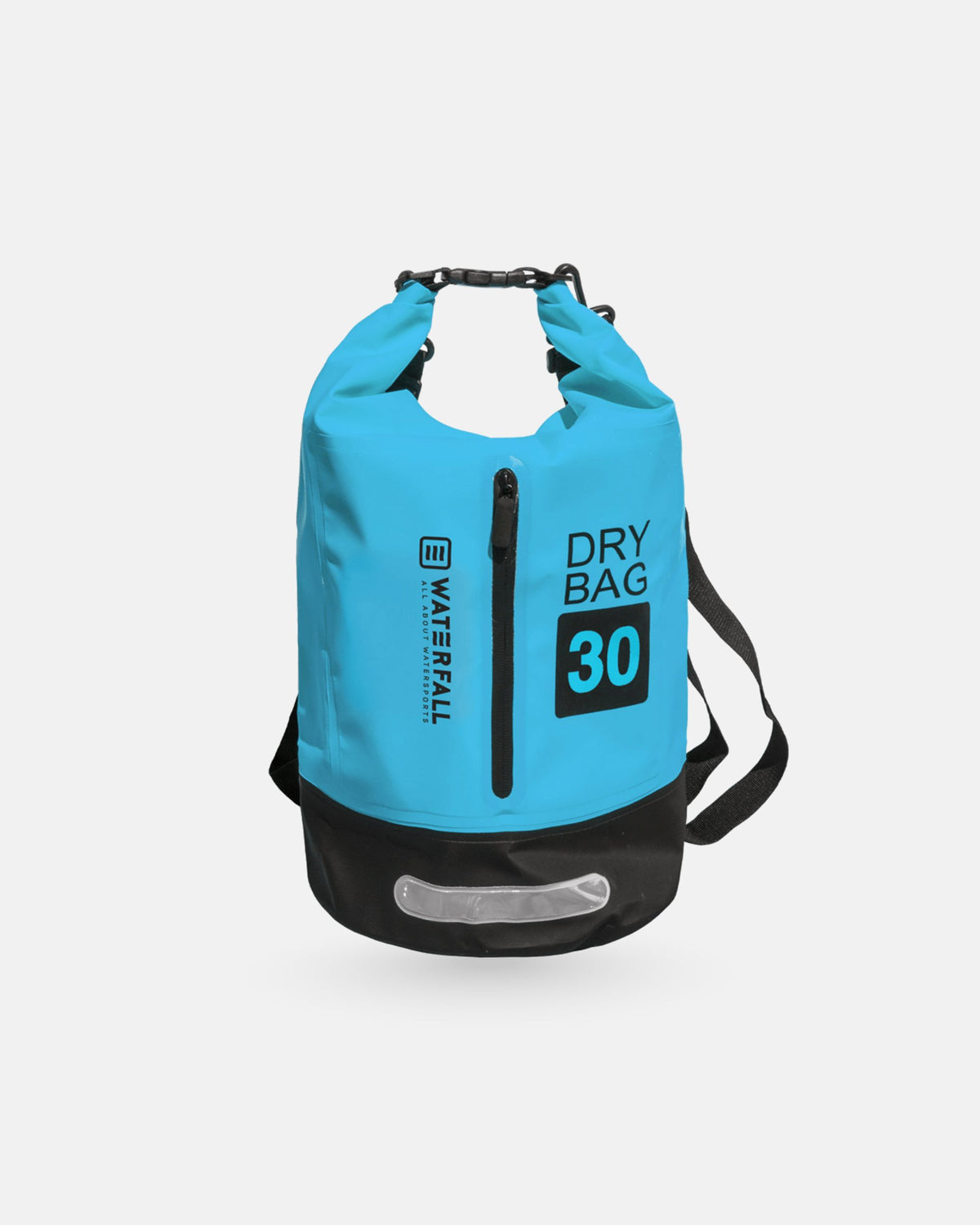 30L dry bag with roll-top, turquoise with black base and adjustable shoulder strap.