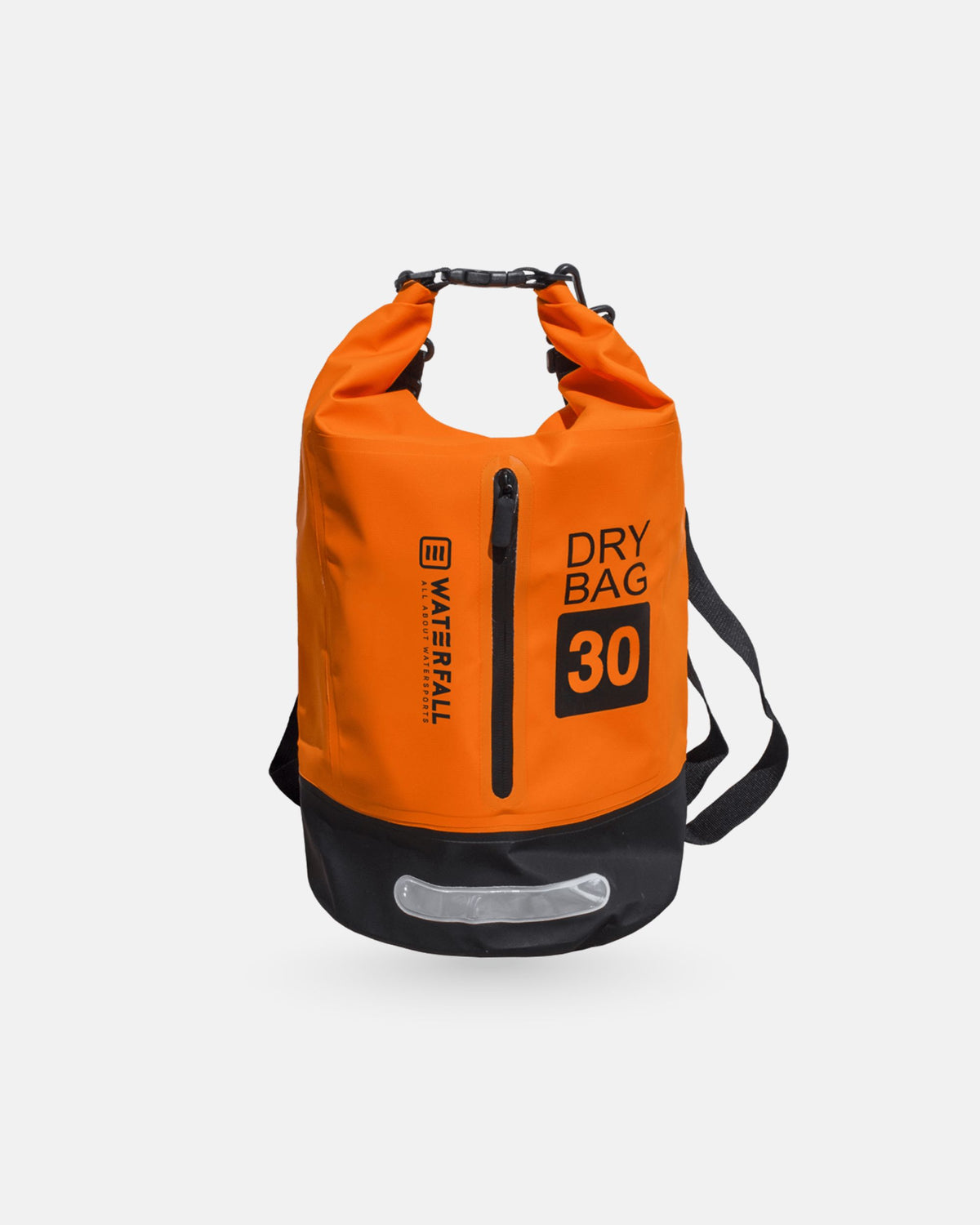 30L dry bag with roll-top, orange with black base and adjustable shoulder strap.