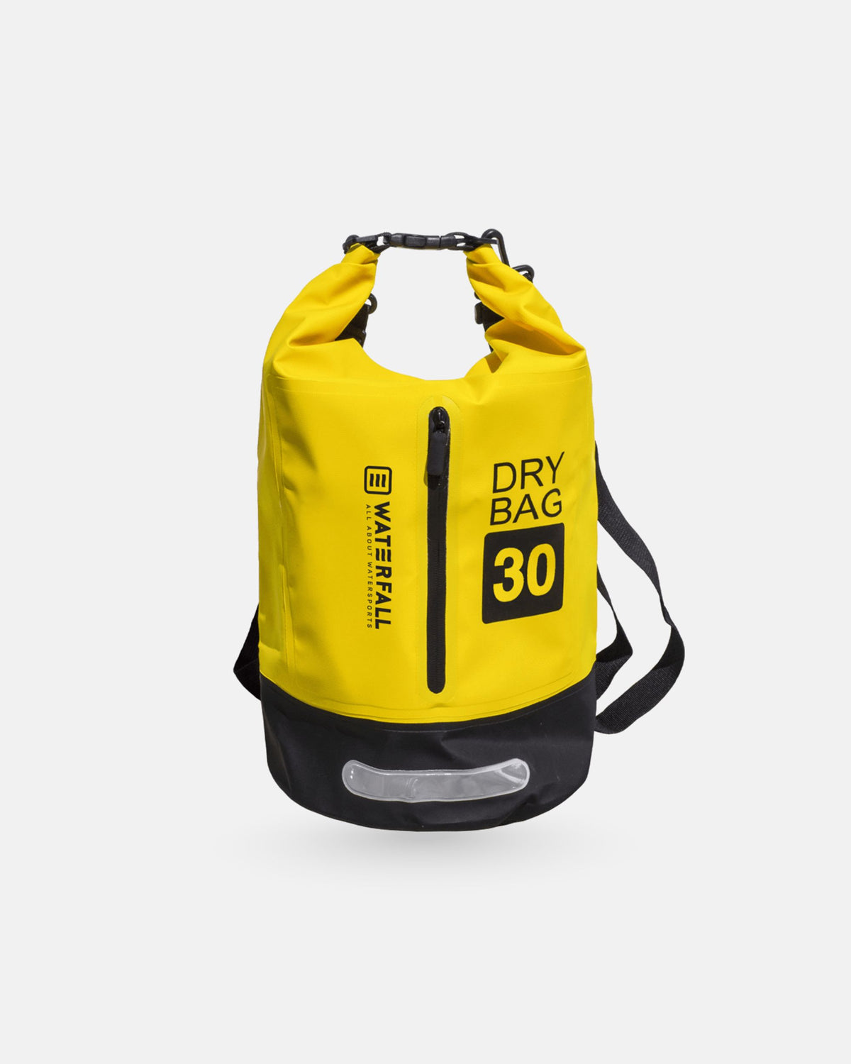 30L dry bag with roll-top, yellow with black base and adjustable shoulder strap.