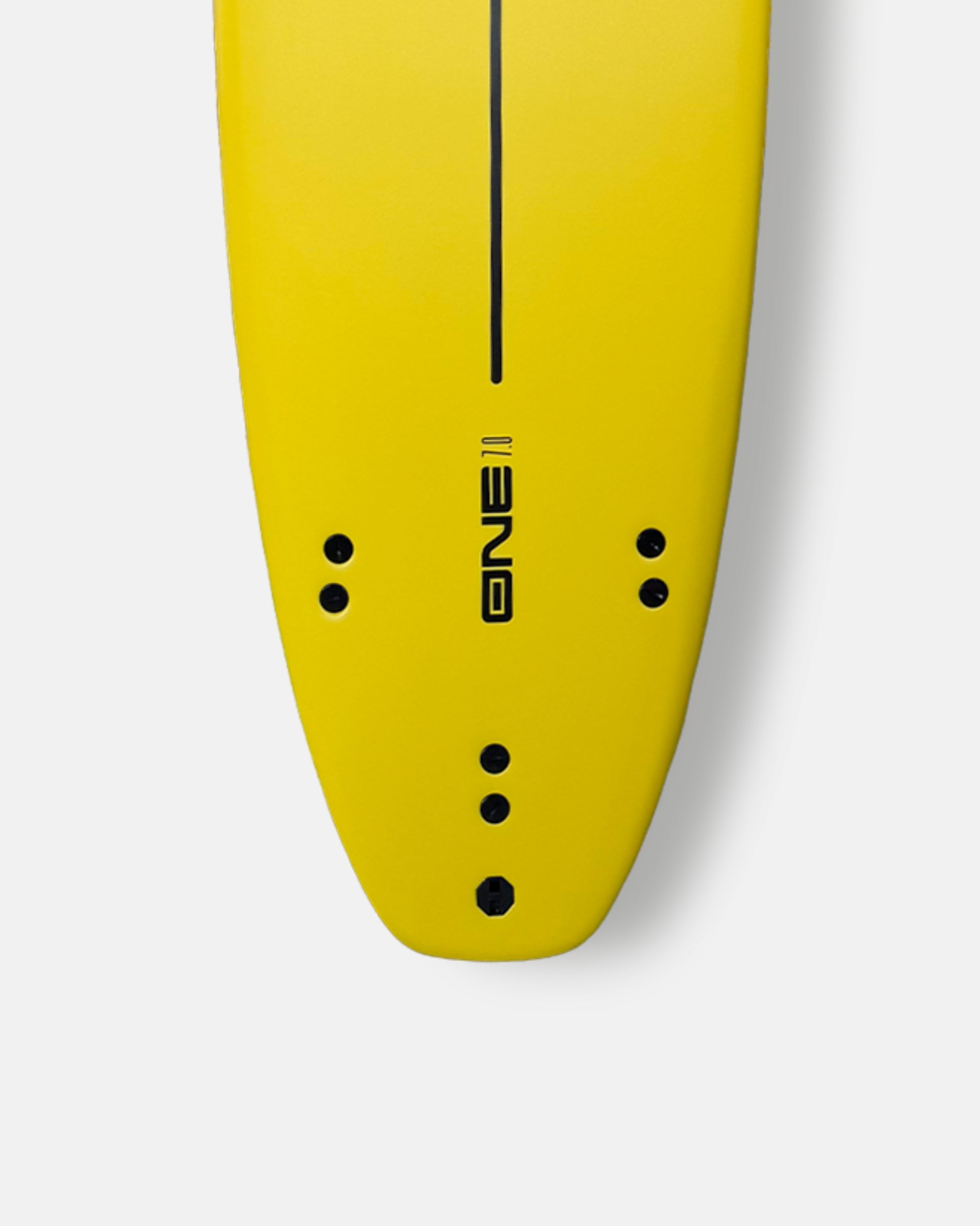Yellow surfboard nose with black vertical line and fin plug holes