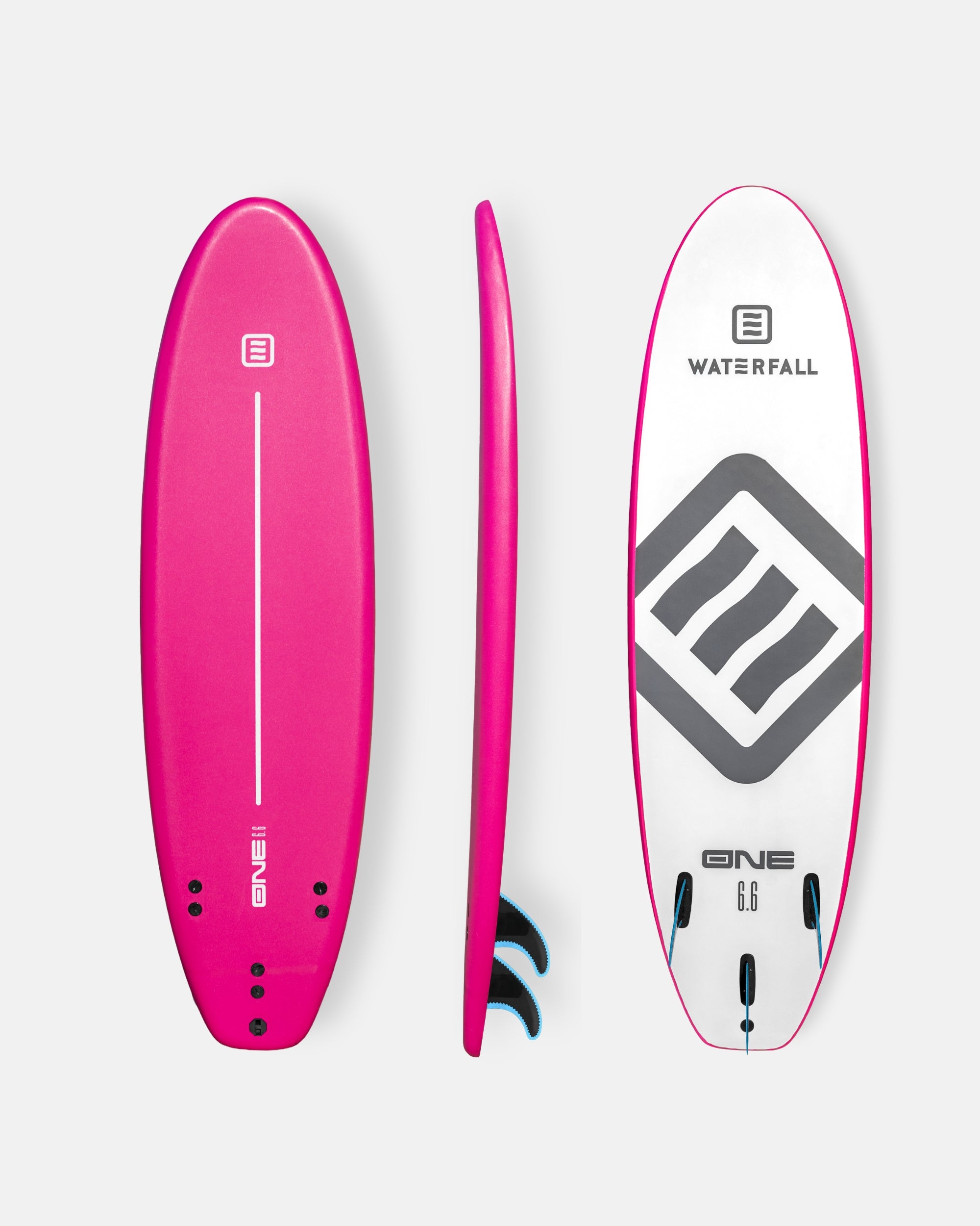 Pink 6'6 surfboard with ONE Waterfall logo and central grip line