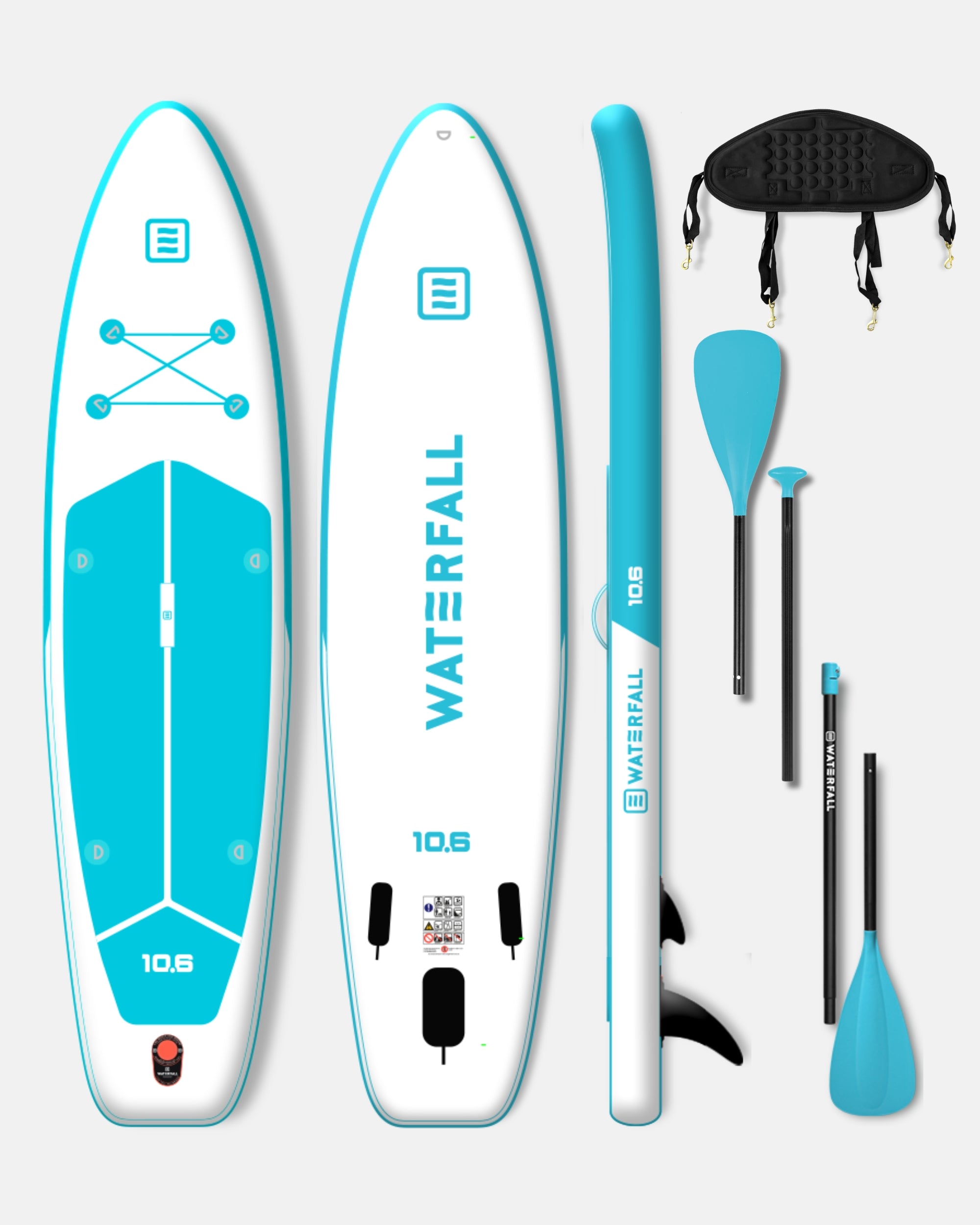 Inflatable 10'6 SUP kit, blue board with paddle, pump, and accessories