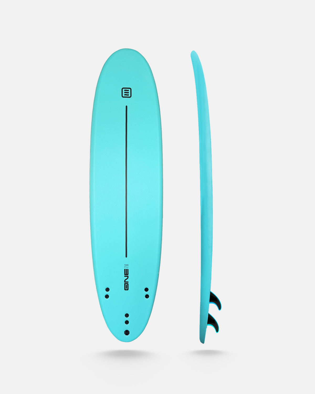 7'6 aqua blue surfboard with fin and leash plug holes, side view