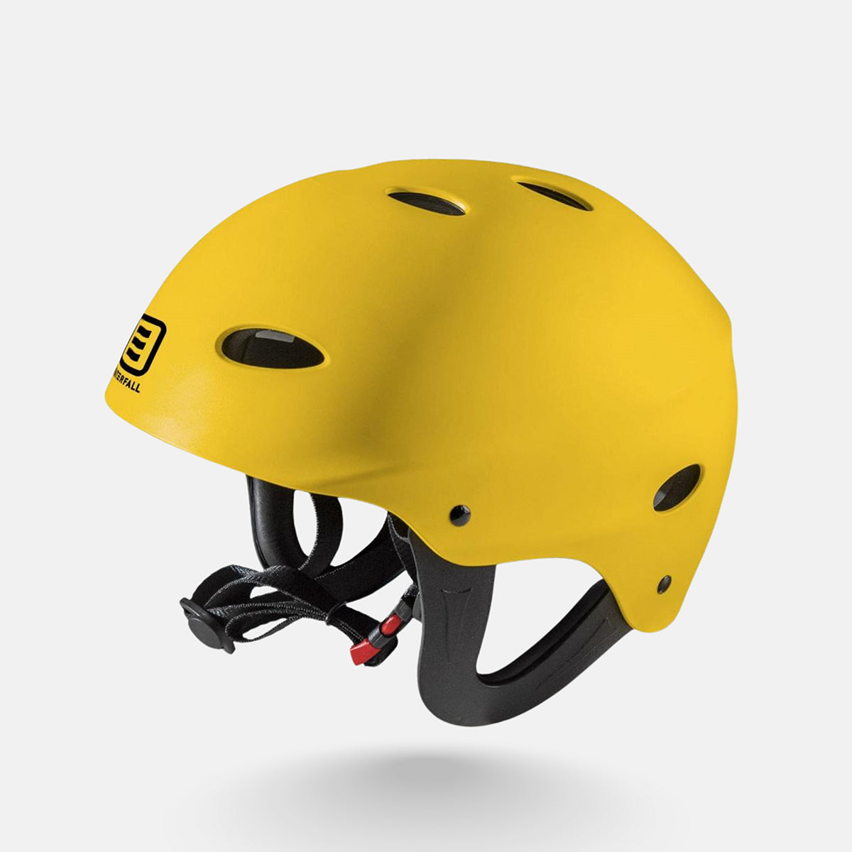 Yellow outdoor bicycle helmet with black chin strap and rear vents