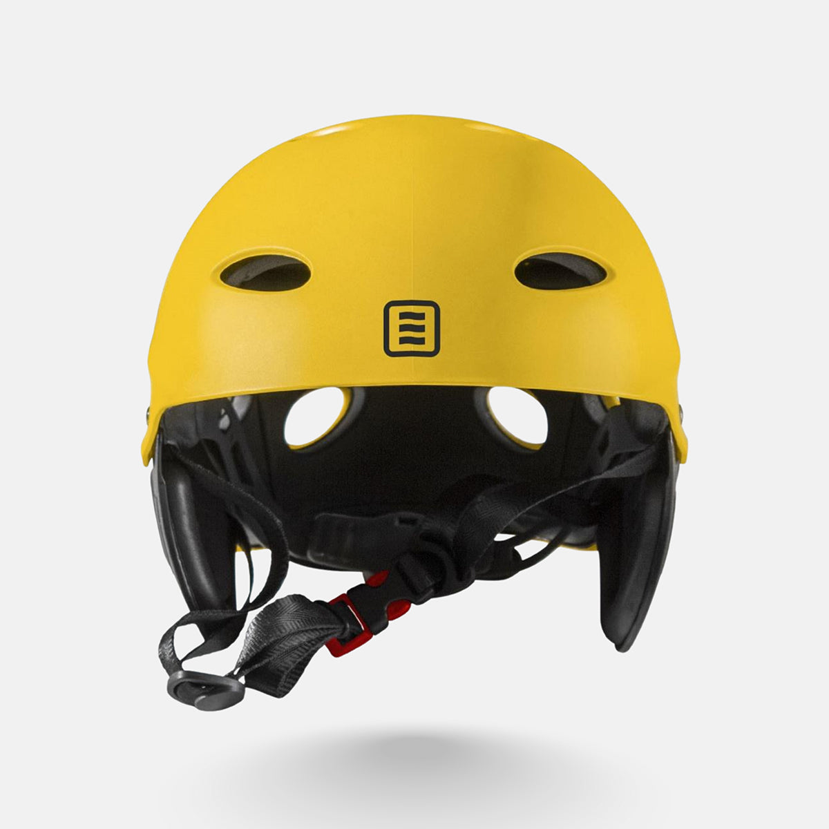 Yellow outdoor helmet front with black webbing straps and chin guard