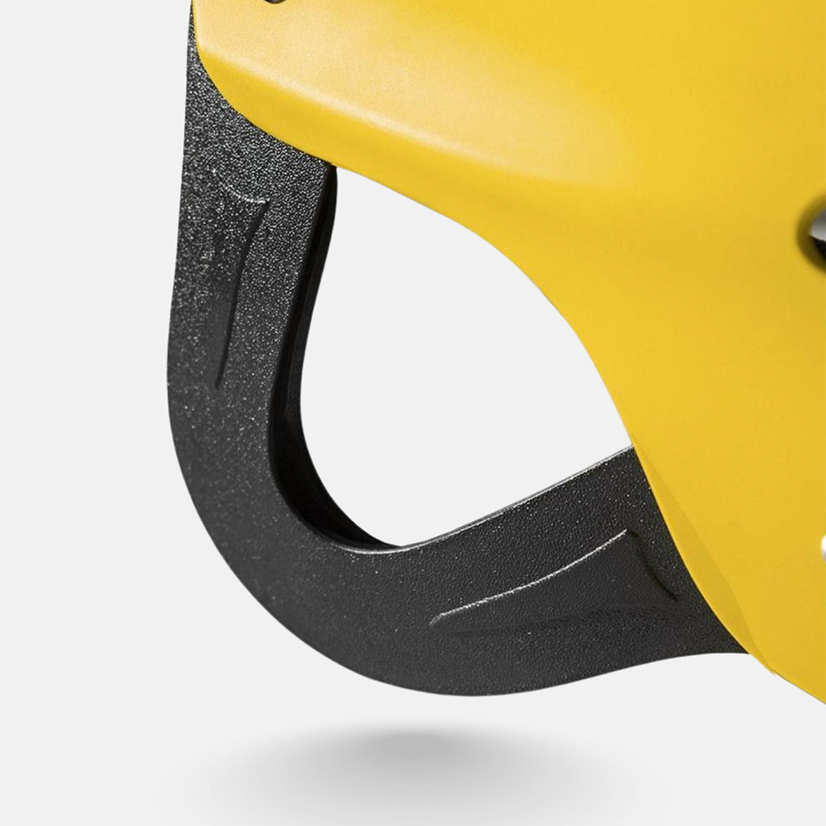 Yellow helmet shell with black padded liner and curved chin guard
