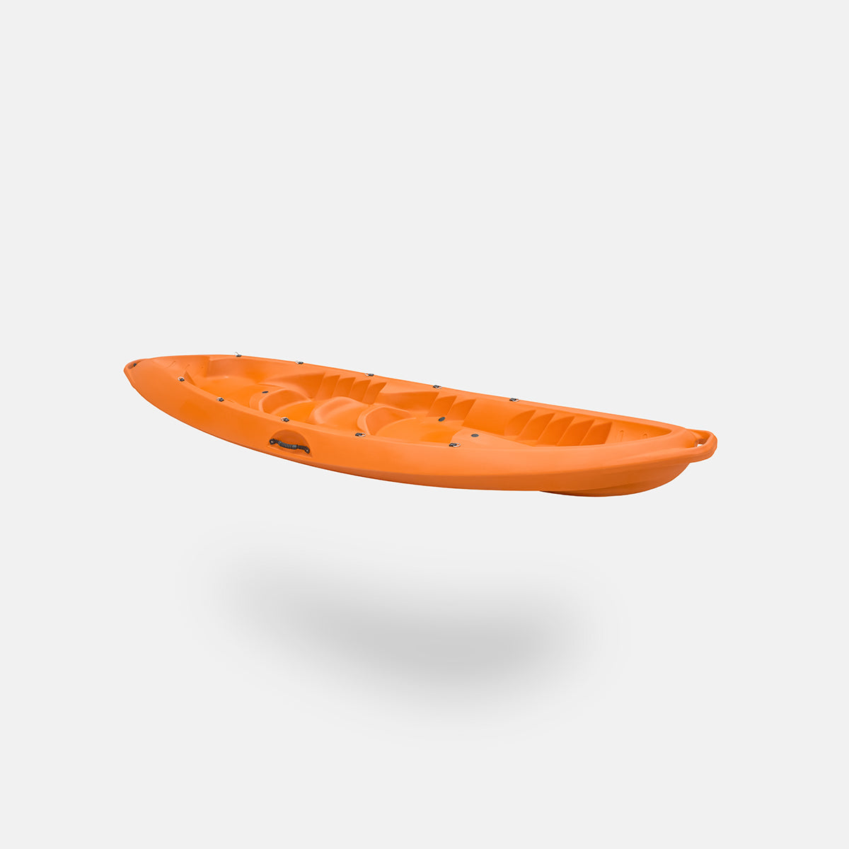 Orange sit-on-top kayak, side profile with molded footwell and deck ridges