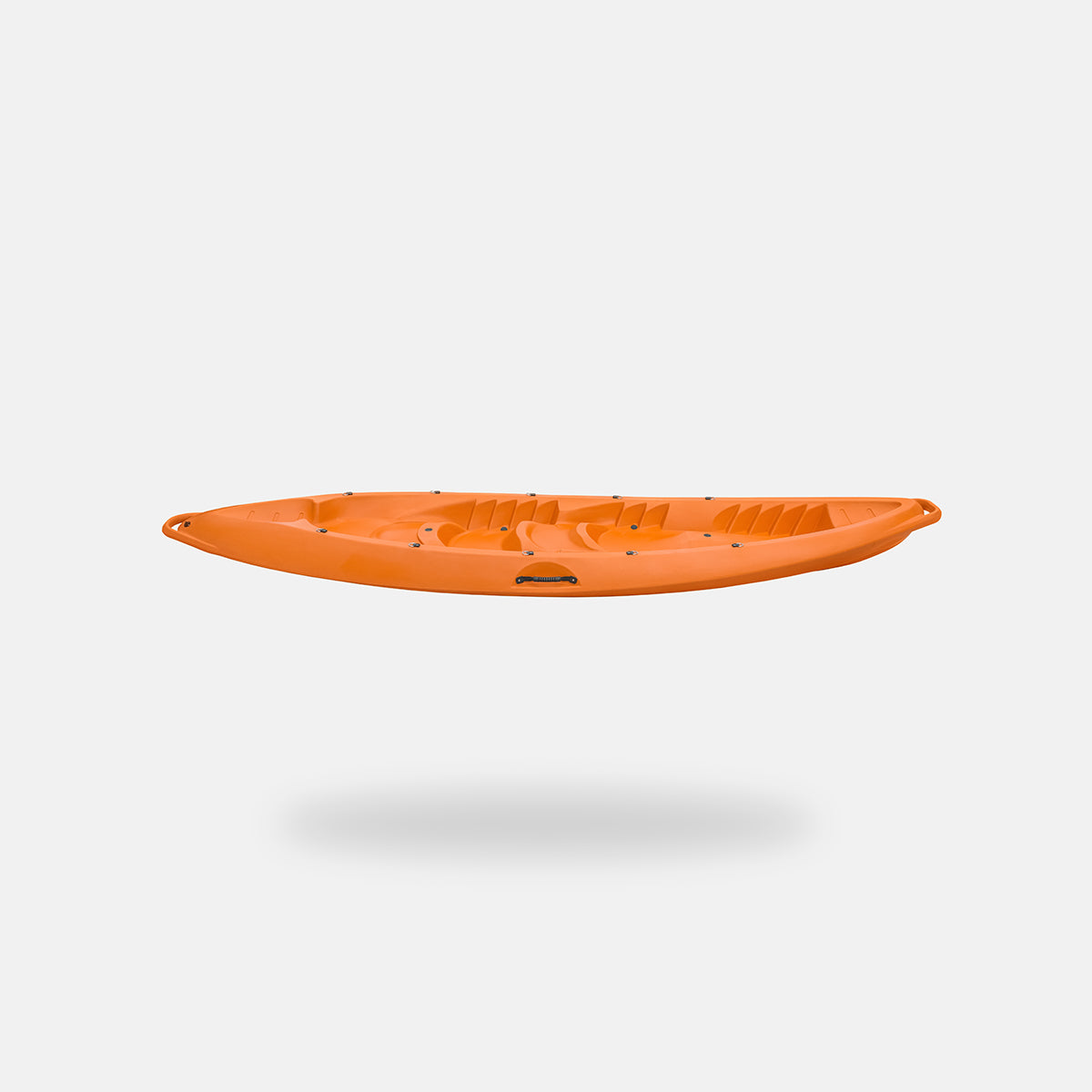 Orange sit-on-top kayak with open cockpit and raised ridges along the deck