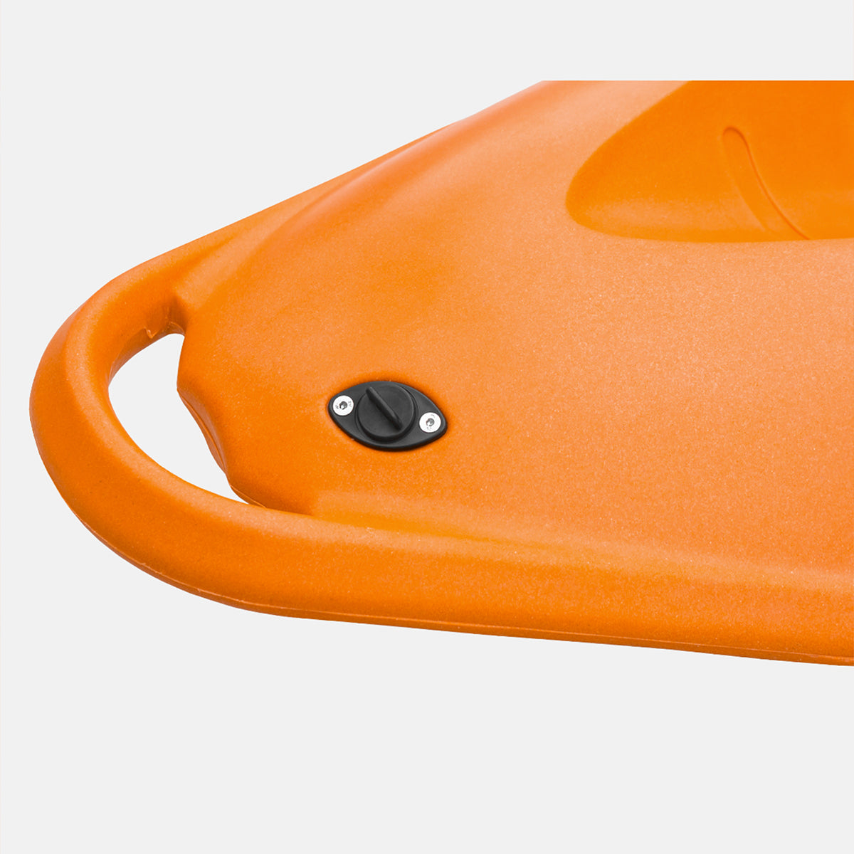 Orange kayak bow close-up with oval black hatch or knob detail