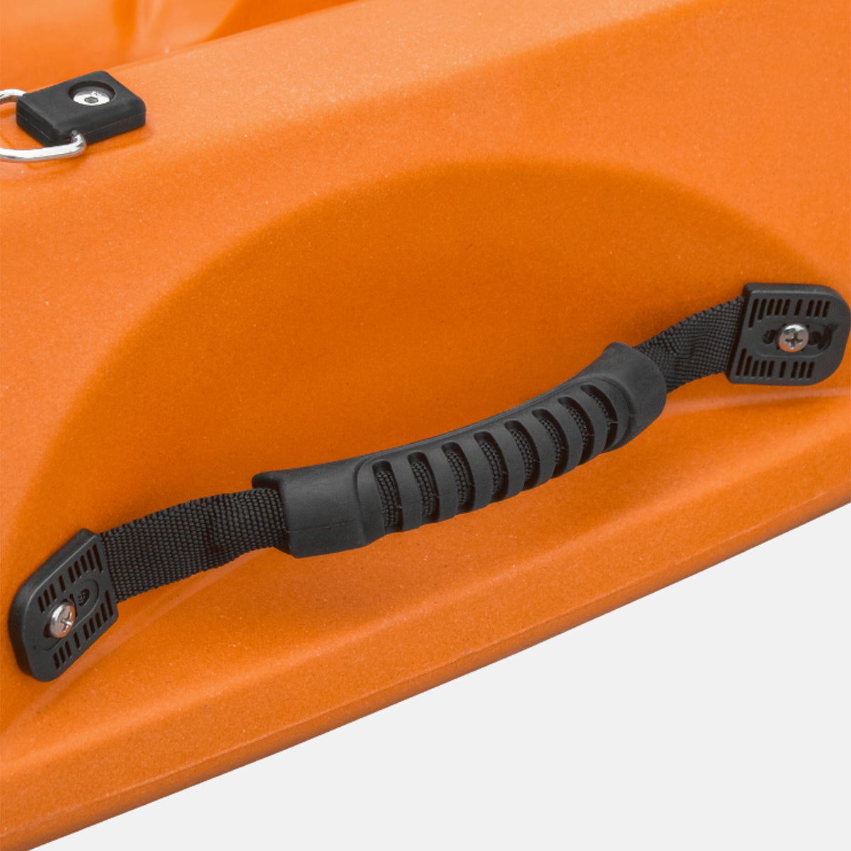 Orange kayak close-up of black carry handles and control mounts on the deck