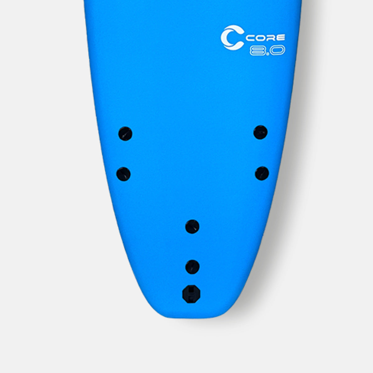 Blue 8-inch surfboard core, rounded nose with mounting holes and logo