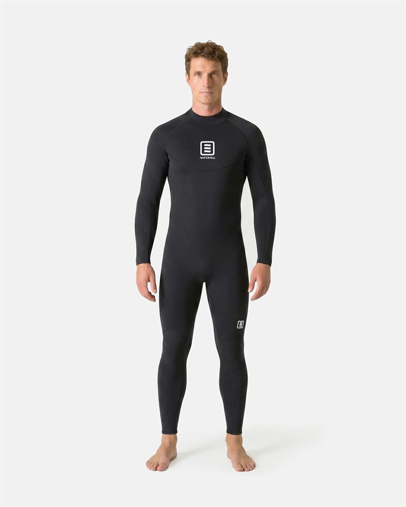 Black full-body wetsuit with front logo patch, long sleeves and full-length legs.