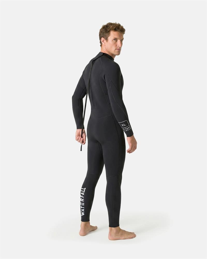 Black full-body wetsuit, side view with leg print and long sleeves, full-length legs.