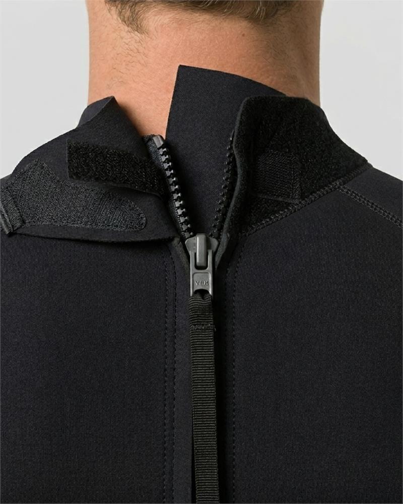 Black wetsuit close-up of back zipper and high collar with neoprene texture.
