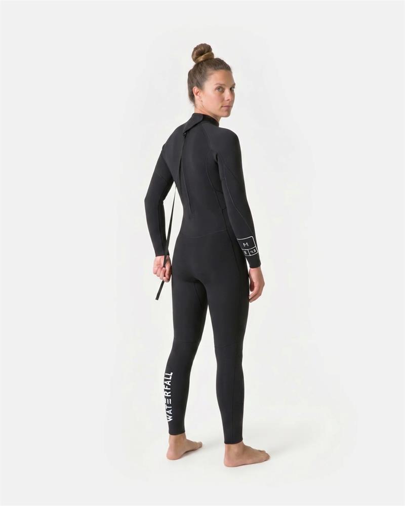 Black wetsuit side view with leg print and long sleeves, full-length legs.