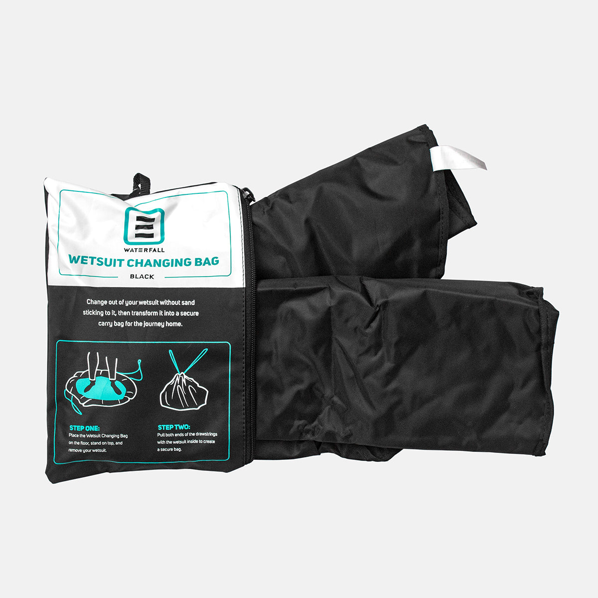 Black wetsuit changing bag with instructions card, folded storage pouch