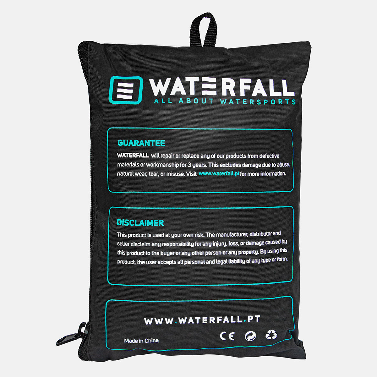 Black WATERFALL wetsuit bag with handle, front label and warranty panel