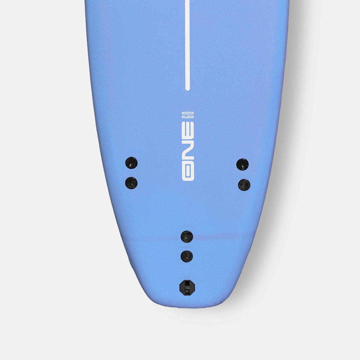 Blue surfboard deck close-up with ONE branding and tail fin hardware.