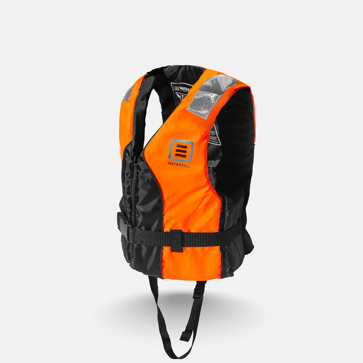 Adult buoyancy aid with orange front panel, black back, and adjustable shoulder straps