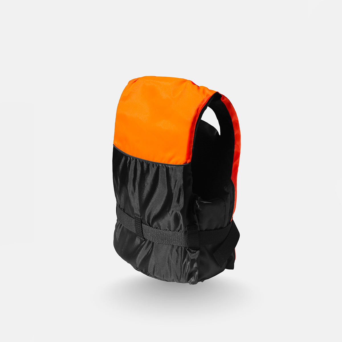Adult buoyancy aid in orange and black with rounded hood and reflective trim