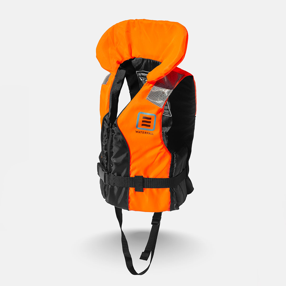 Kids orange and black Ozone buoyancy aid with hood and adjustable safety straps