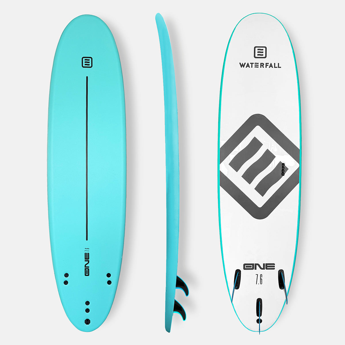 Blue 7'6 surfboard with twin fins and “WATERFALL ONE” deck graphics