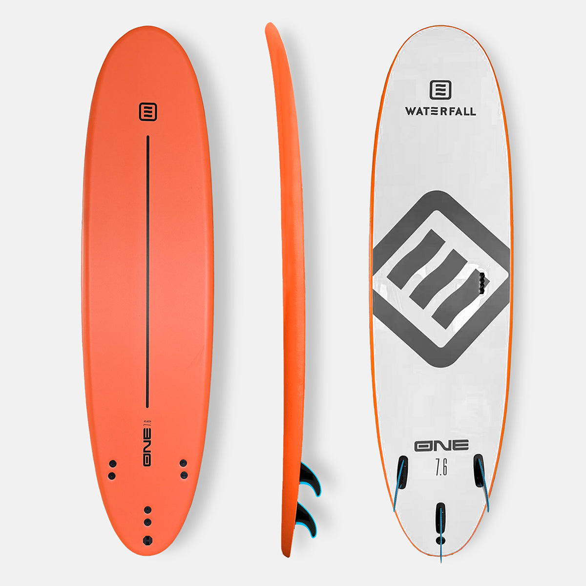 Orange Waterfall surfboard set showing top, side, and underside with ONE 7'6