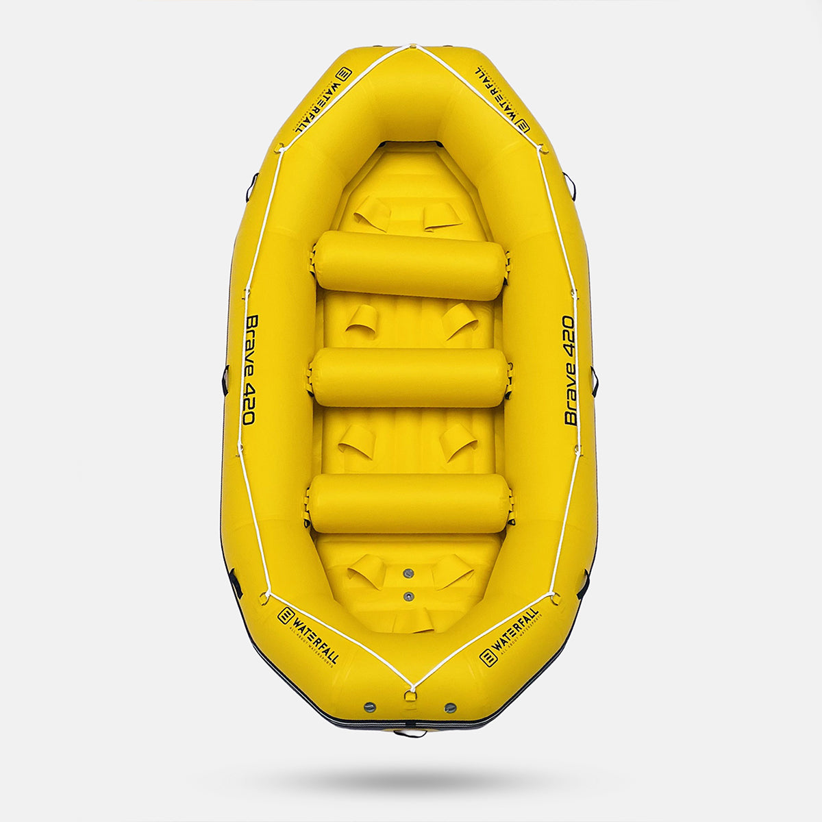Yellow inflatable raft with built-in seating benches and front handle loops
