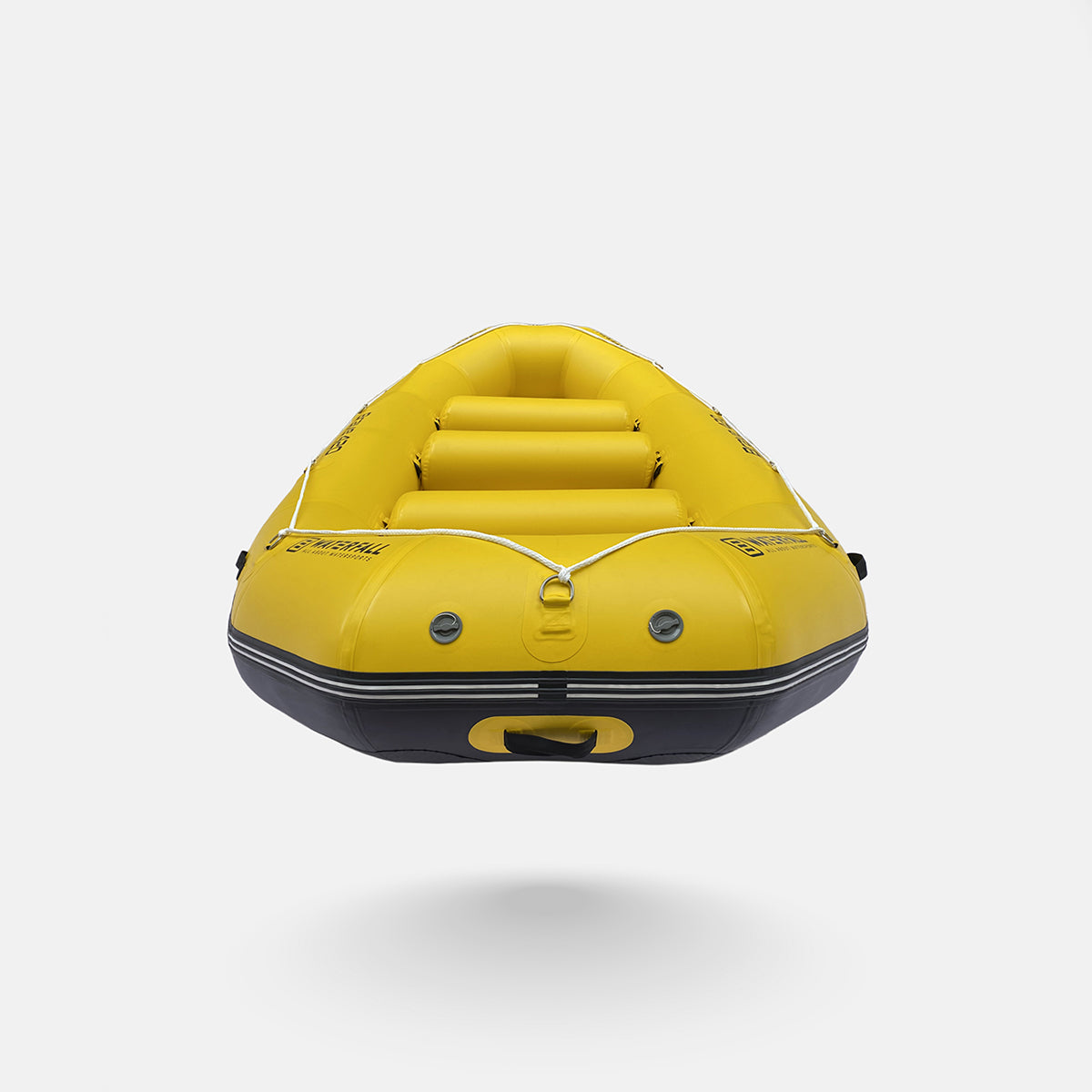Yellow inflatable raft front view with molded seat backrests and black base trim