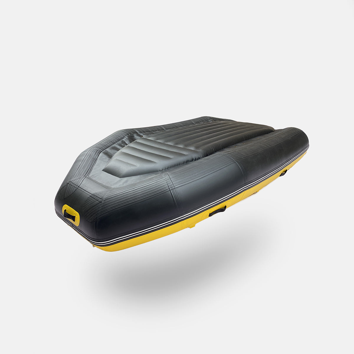 Dark gray inflatable raft with yellow edge stripe and molded seat panels