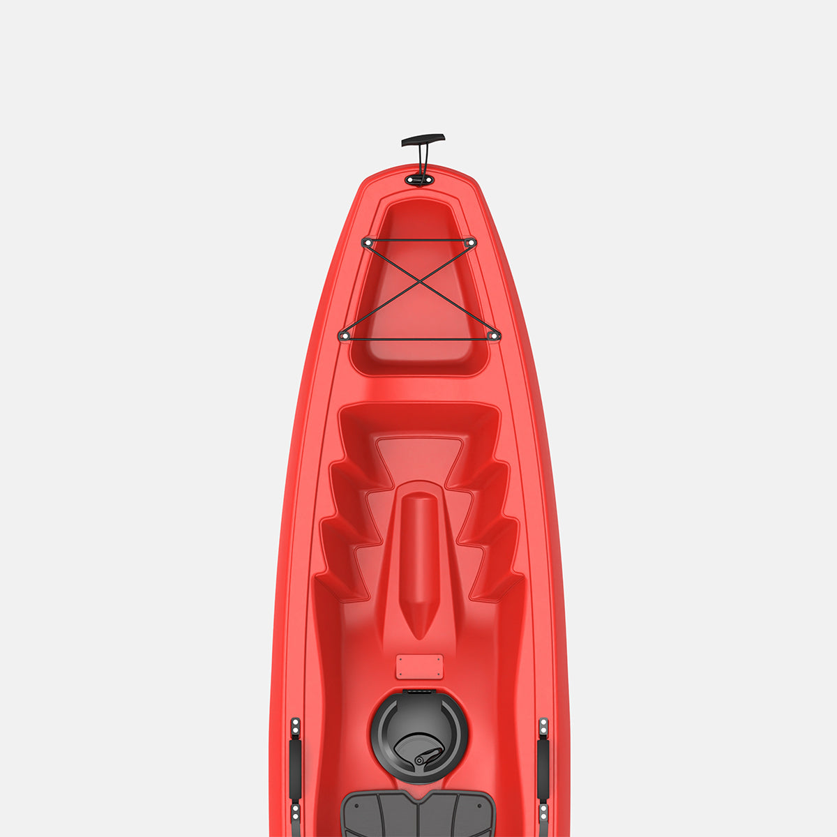 Front view of red sit-on-top single kayak with cockpit seat and control hatch