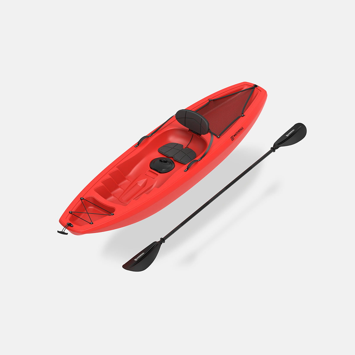 Red sit-on-top single kayak with black seat and footwell, shown angled with paddle