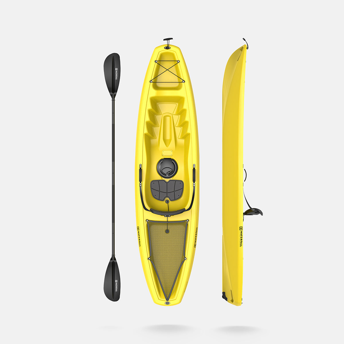 Yellow sit-on-top kayak with paddle and side profile view