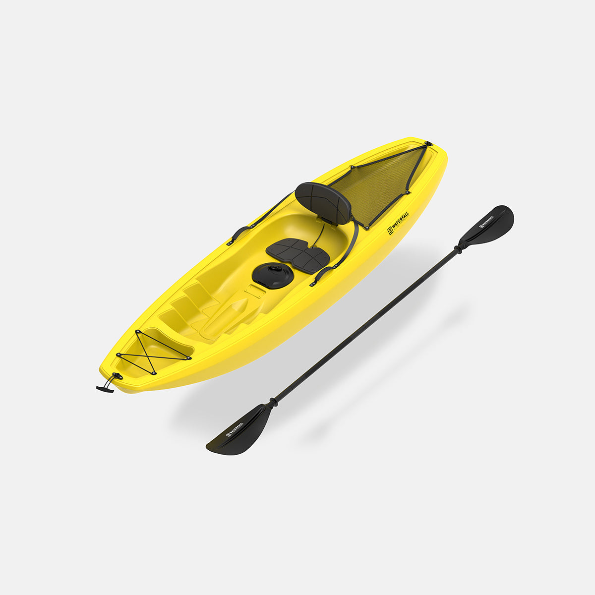 Yellow sit-on-top kayak with cockpit seat and included paddles