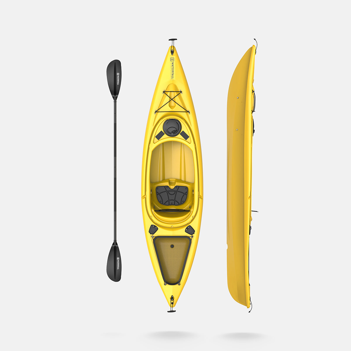 Yellow sit-in kayak front and side views with paddle