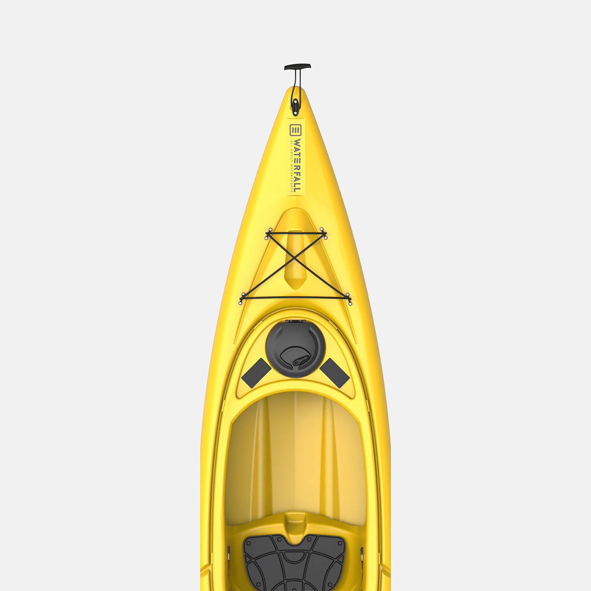 Yellow sit-in single kayak with black cockpit and front carry handle