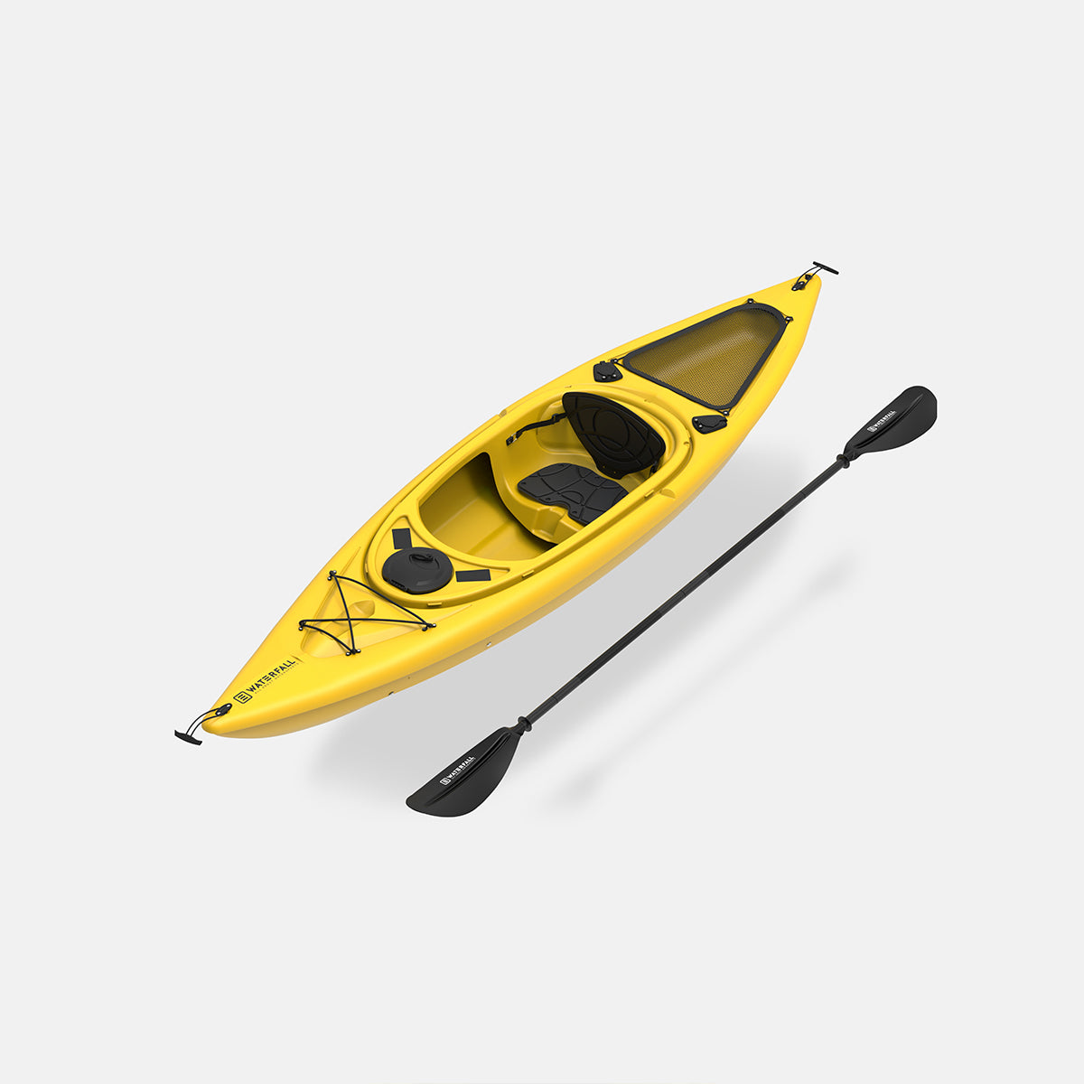 Yellow sit-in kayak with two paddles, black cockpit and molded seat