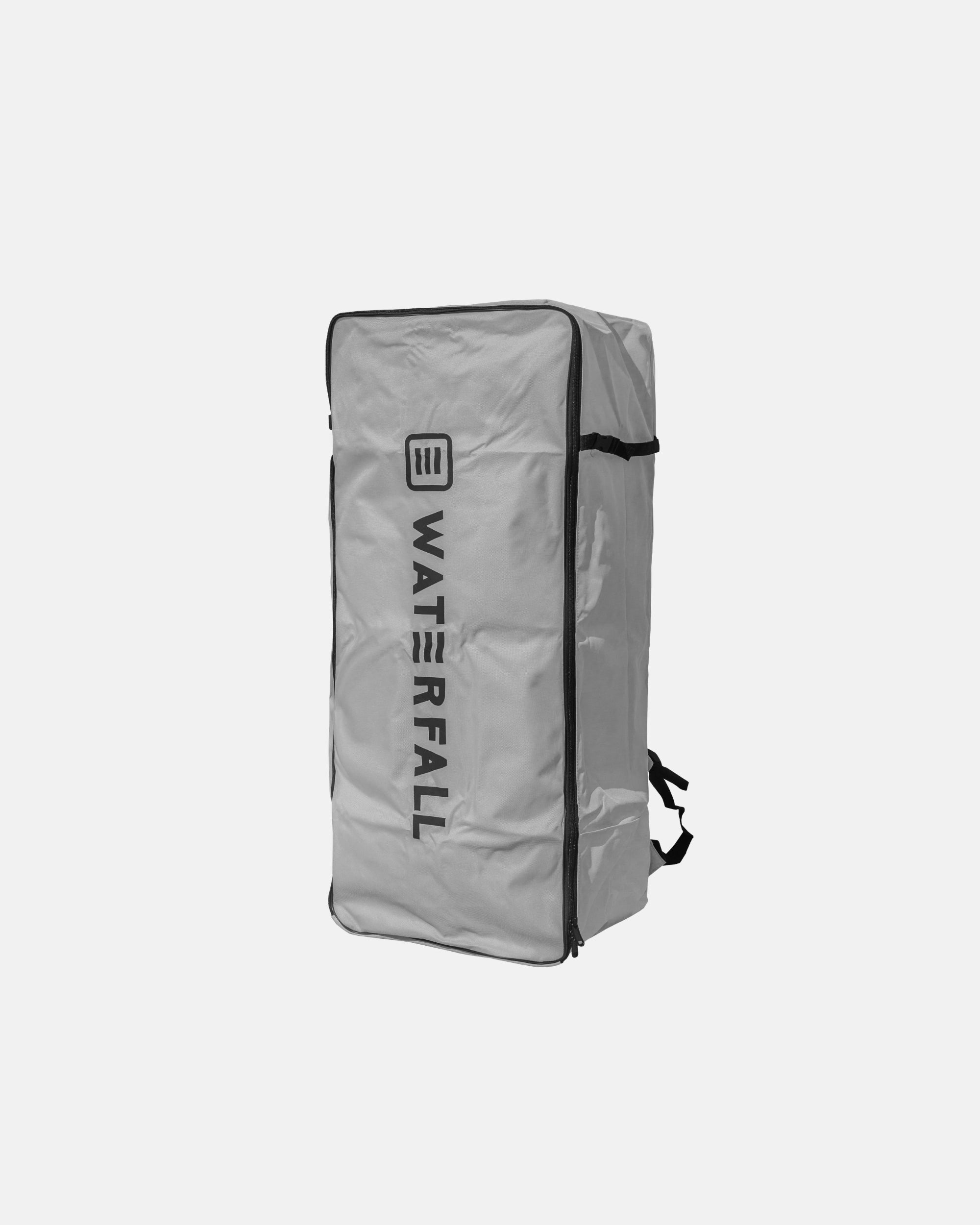 Inflatable SUP storage bag with gray fabric, black trim, and WATERFALL logo
