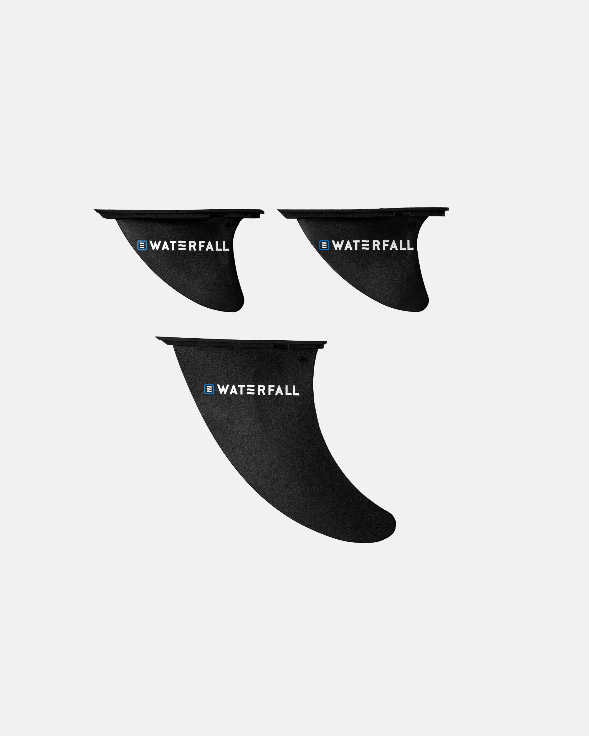 Set of black inflatable SUP fins with WATERFALL logo