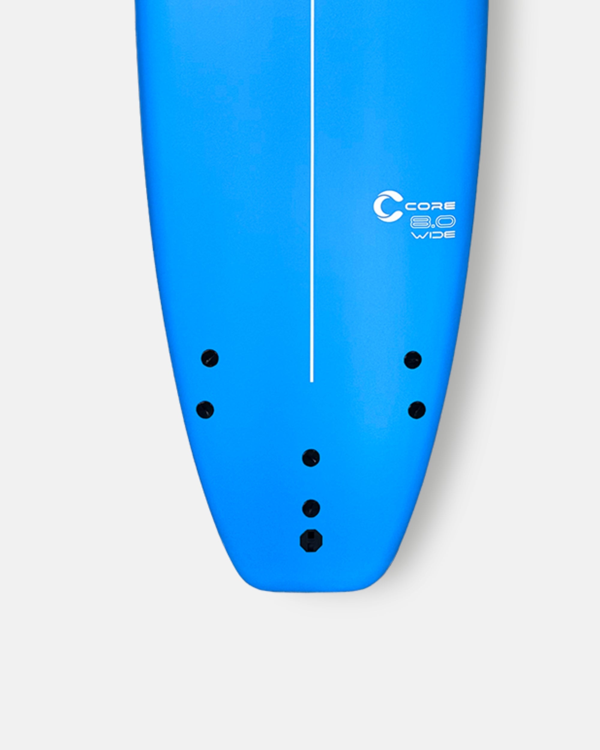 Blue surfboard nose with CORE 3.0 WIDE text and black traction dots