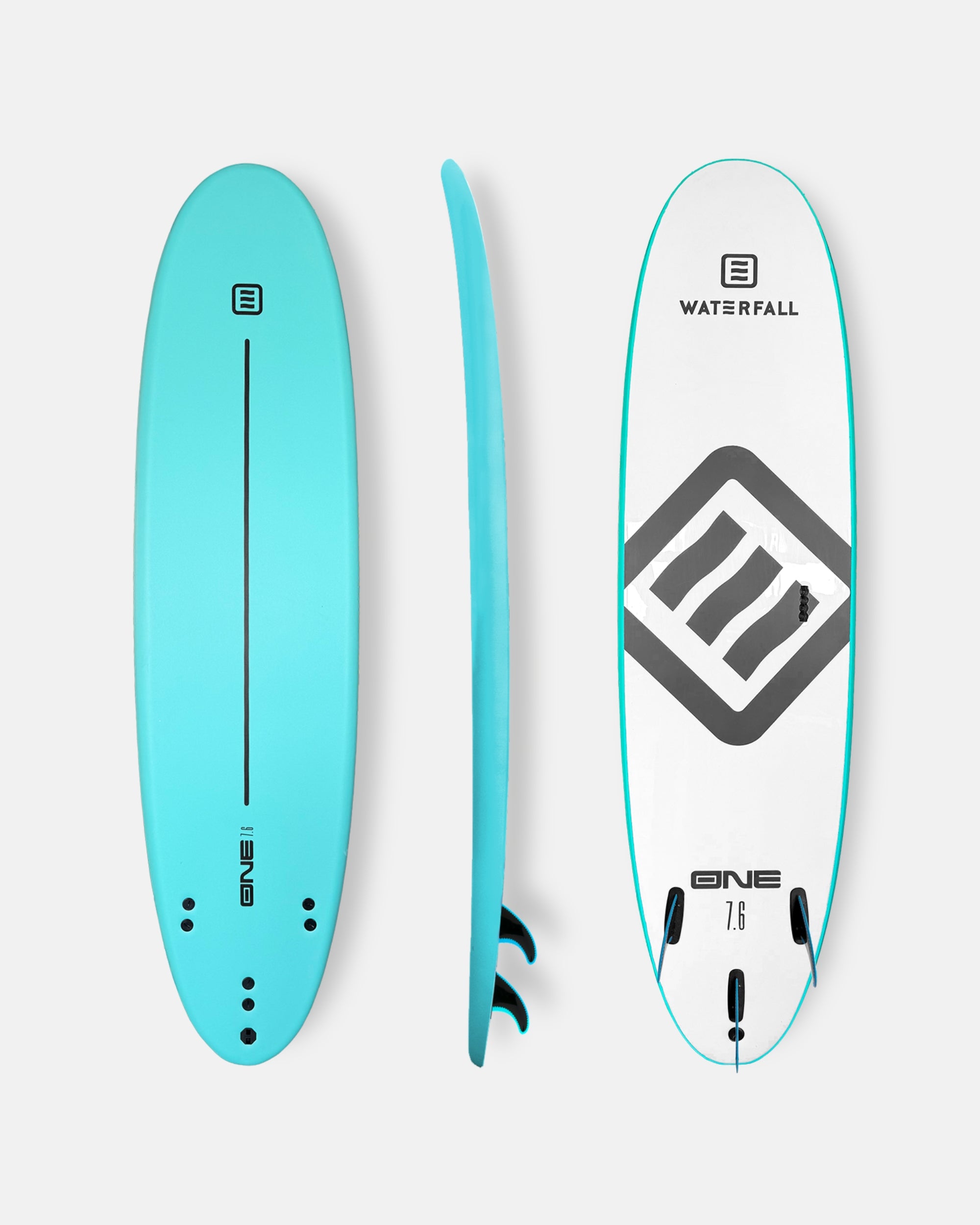 Blue surfboard with black stripe and fin set