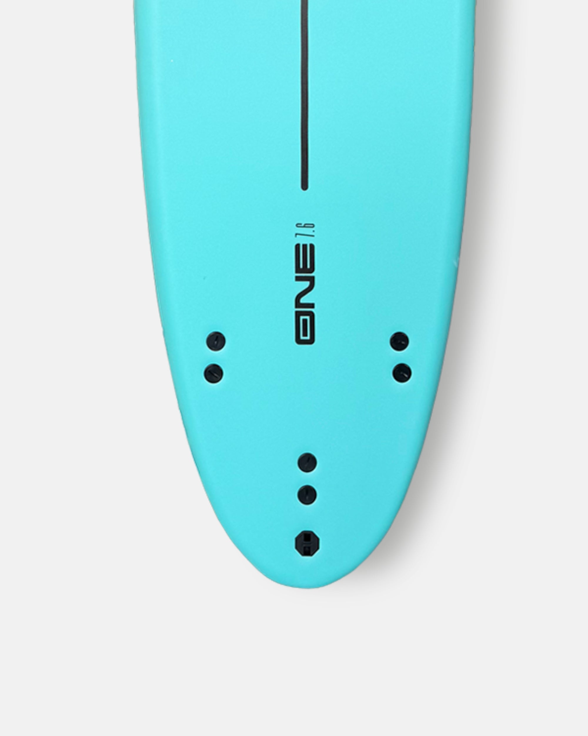 Teal surfboard nose with ONE logo and four mounting holes