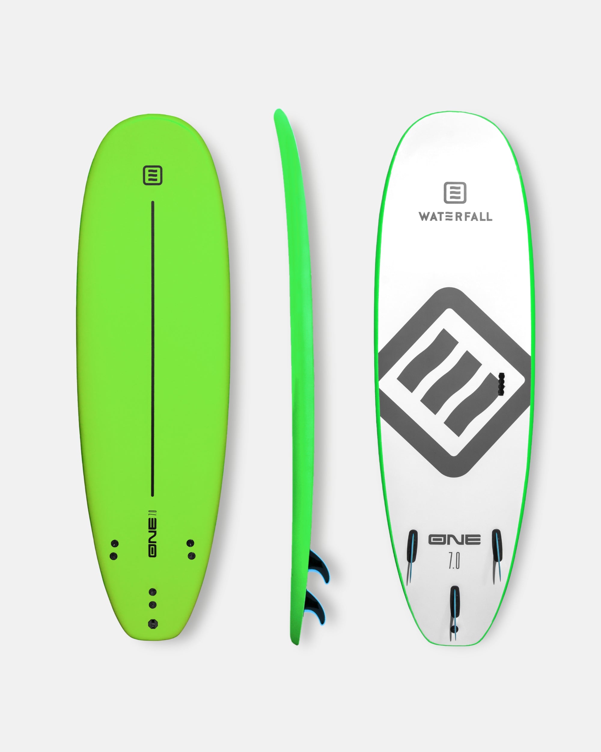 Green 7-inch surfboard with Waterfall graphic, shown front and side views