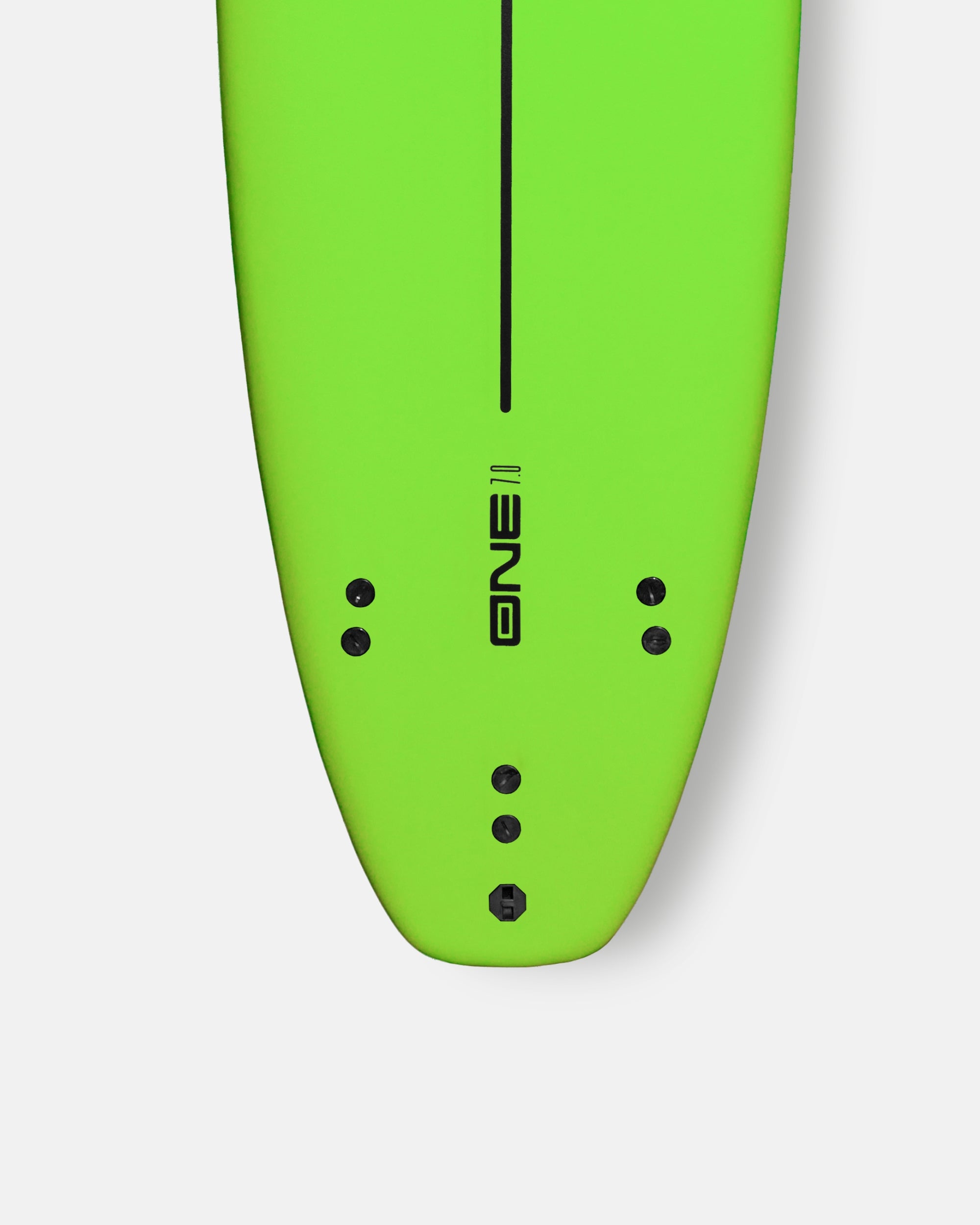 Neon green surfboard nose with ONE logo and four fin plug inserts