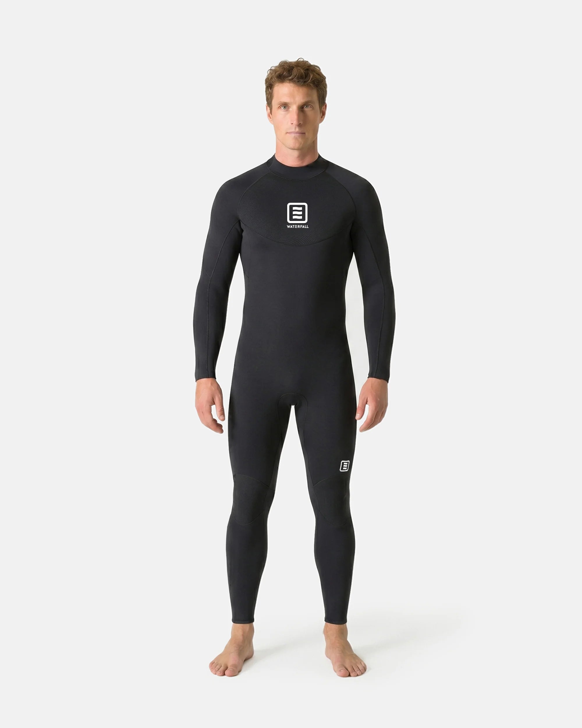 Men's black full-body wetsuit with long sleeves and Waterfall logo on chest
