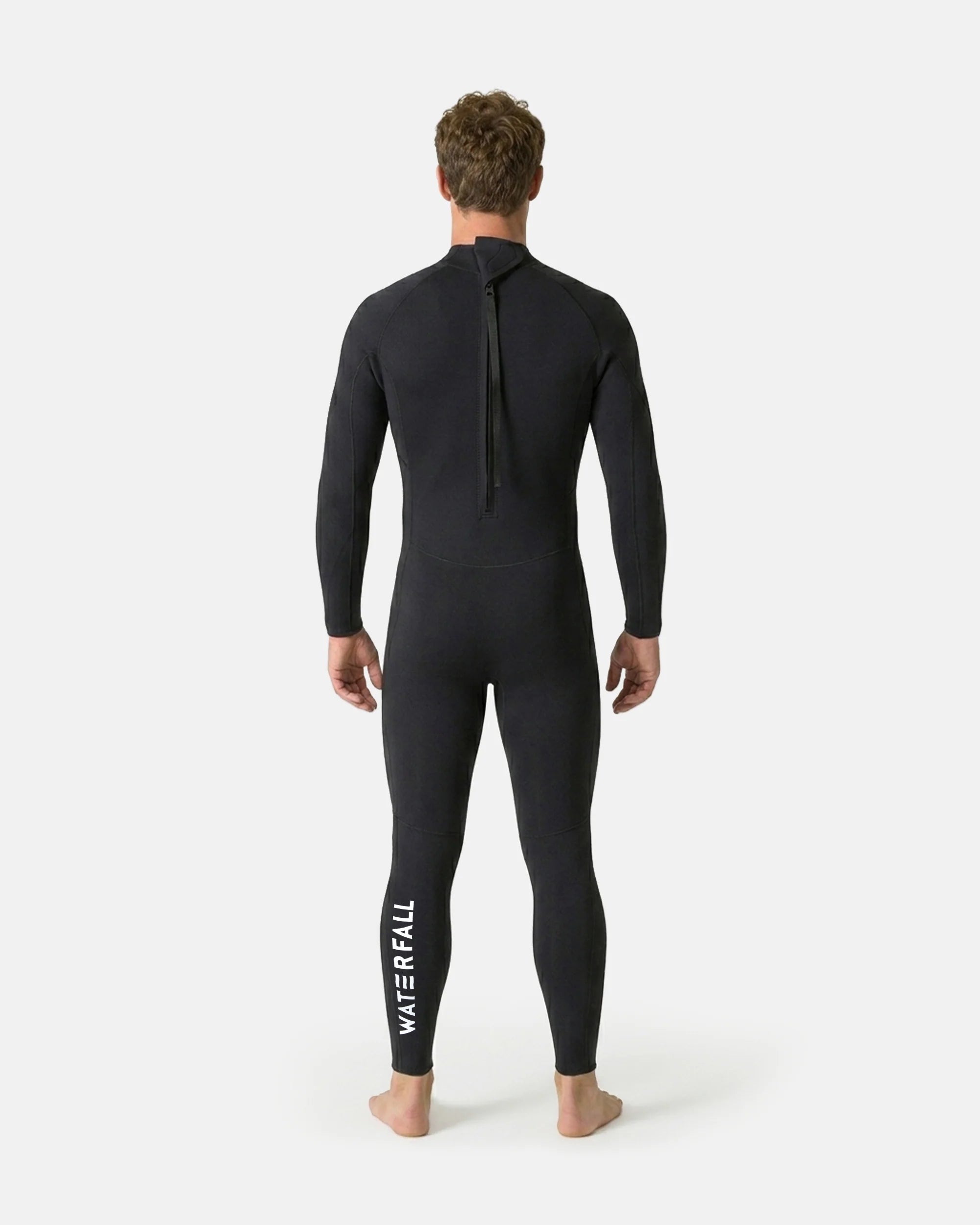 Men's black wetsuit back view with center back zipper